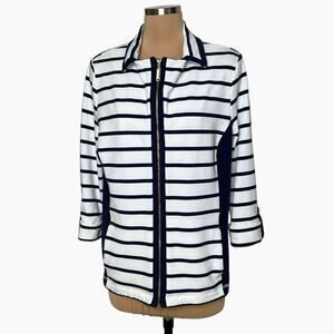 JM Collection Jacket Womens Medium Navy Blue White Stripe Full Zip Nautical